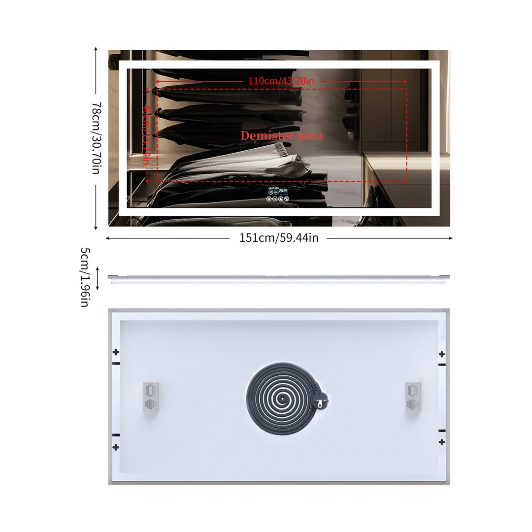 Illuminated Bluetooth Bathroom Mirror Rectangle Anti-fog LED