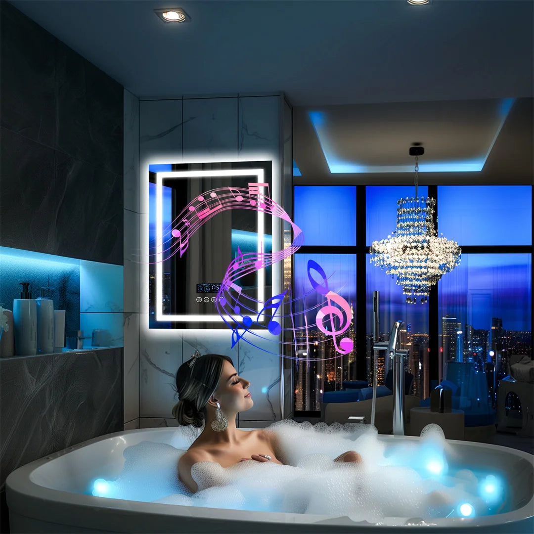 Illuminated Bluetooth Bathroom Mirror Rectangle Anti-fog LED