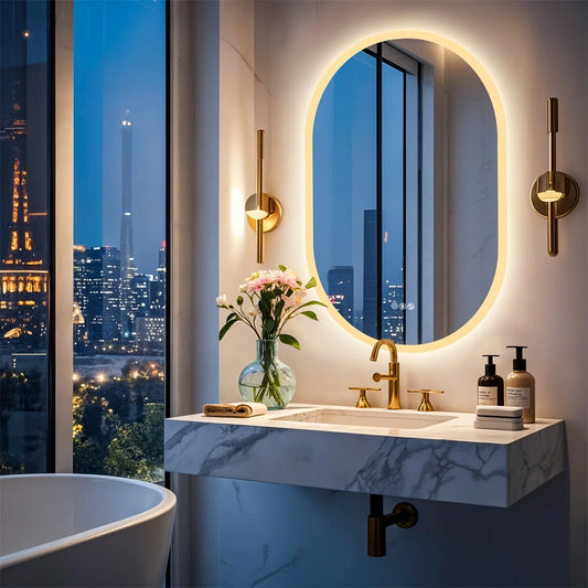 Oval Illuminated Bathroom Mirror with Bluetooth and Anti-fog