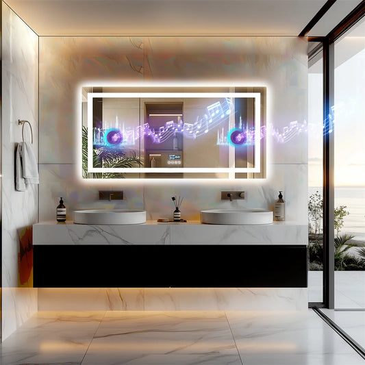 Illuminated Bluetooth Bathroom Mirror Rectangle Anti-fog LED