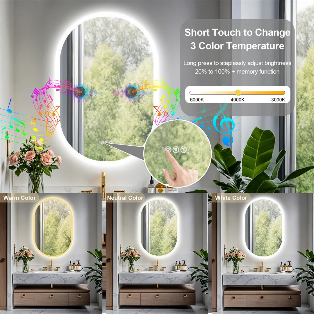 Oval Illuminated Bathroom Mirror with Bluetooth and Anti-fog