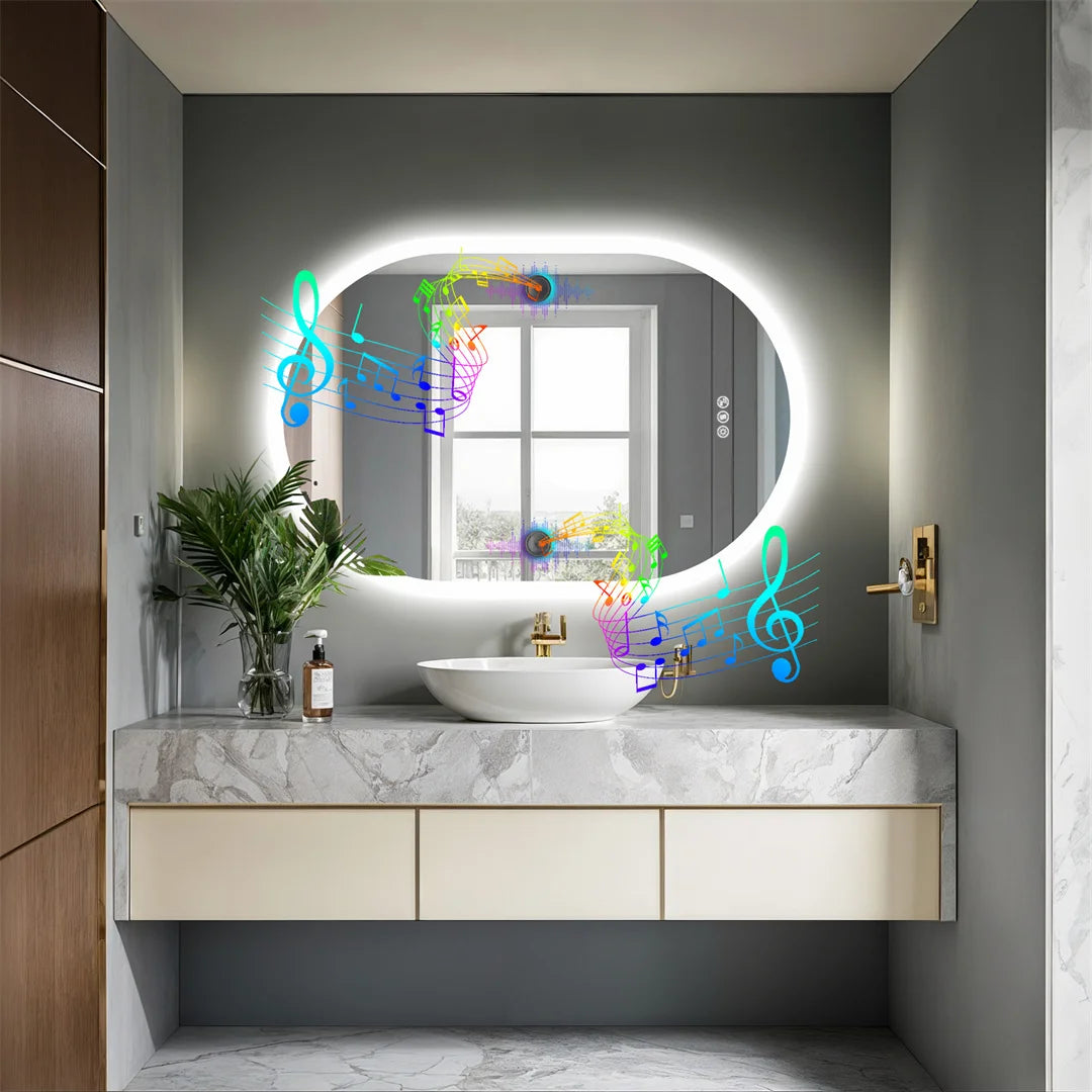 Oval Illuminated Bathroom Mirror with Bluetooth and Anti-fog